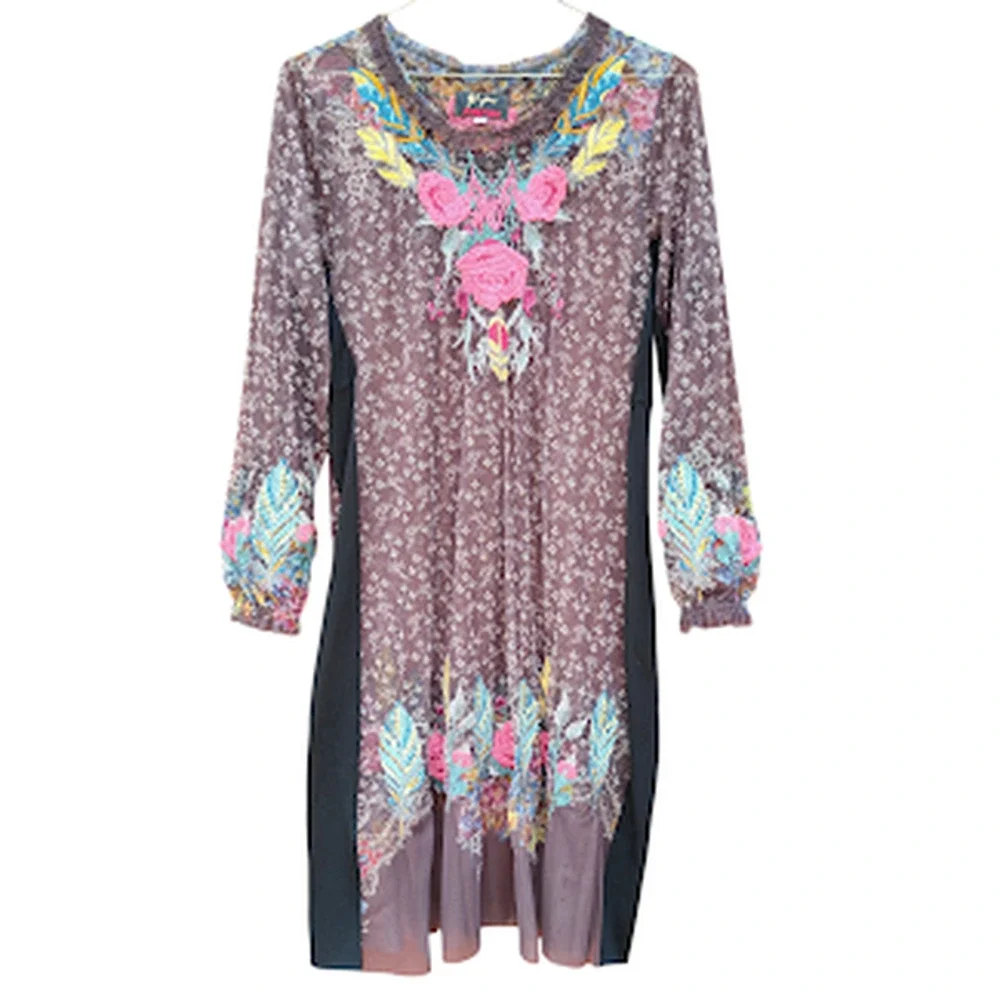 BIYA JOHNNY WAS | Embroidered Floral Sheer Mesh Long Sleeve Dress Knee Length S